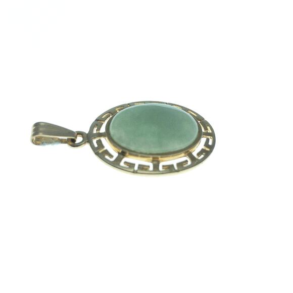 14K Yellow Gold Green Jade Cabachon Pendant Greek Key 3 grams - Picture 5 of 13